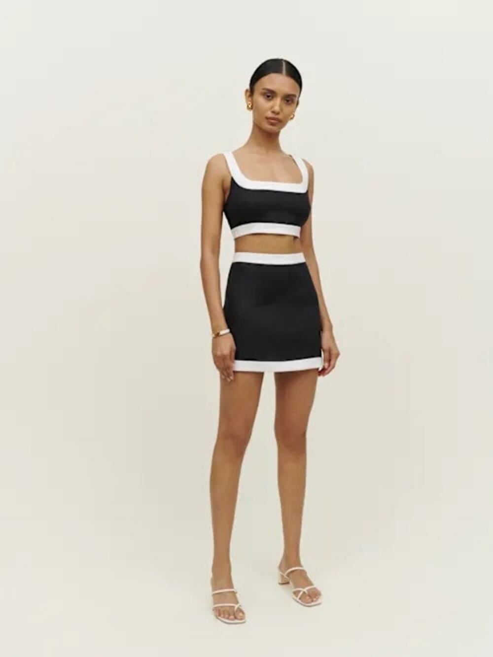 Reformation Robbie Black White Linen Two Piece Crop Top Mini Skirt Co-Ord Set 4